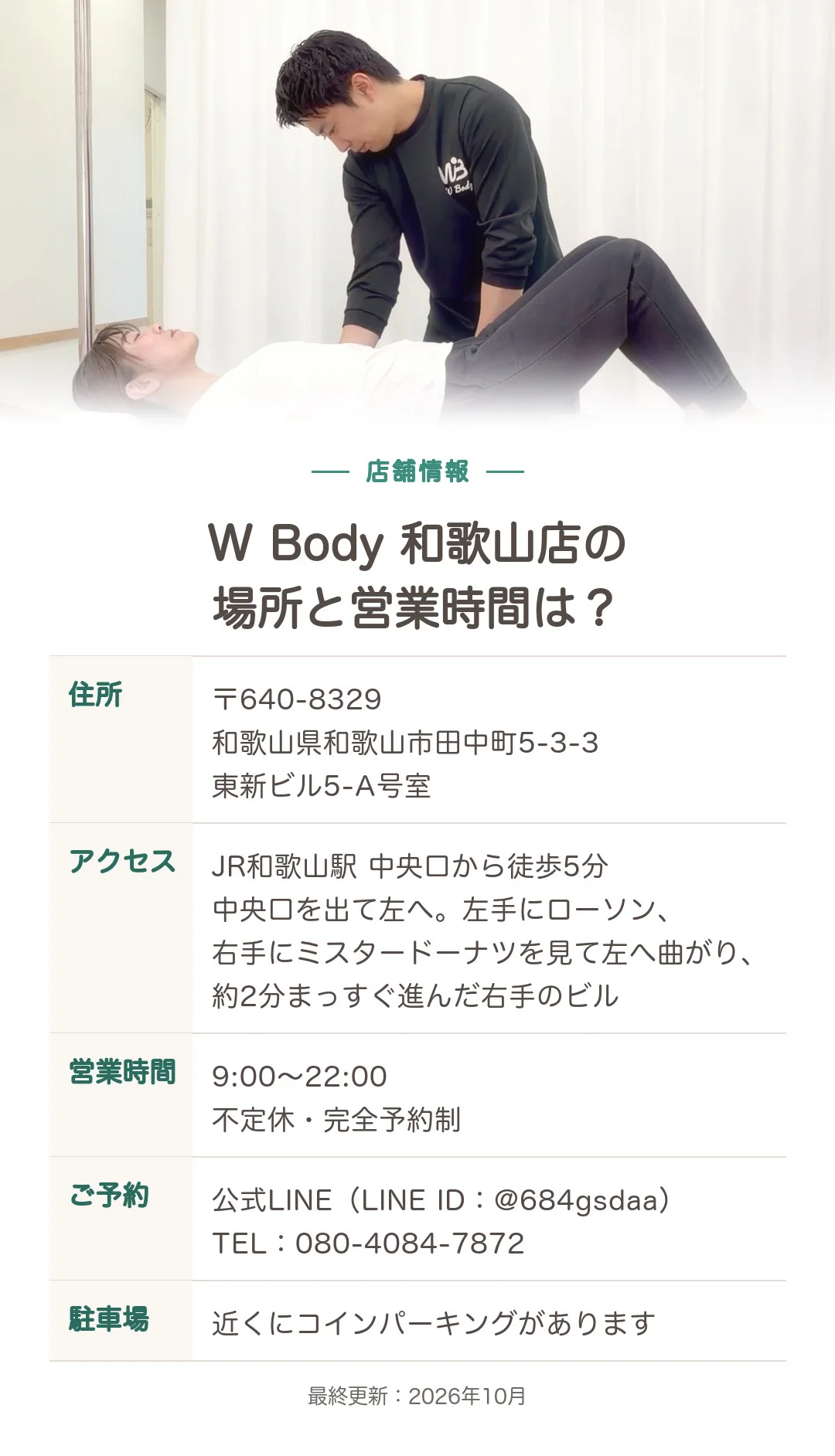 W Body 和歌山店の場所と営業時間は? 住所:〒640-8329 和歌山県和歌山市田中町5-3-3 東新ビル5-A号室。アクセス:JR和歌山駅 中央口から徒歩5分。中央口を出て左へ。左手にローソン、右手にミスタードーナツを見て左へ曲がり、約2分まっすぐ進んだ右手のビル。営業時間:9:00〜22:00、不定休・完全予約制。ご予約:公式LINE(LINE ID:@684gsdaa)、TEL:080-4084-7872。駐車場:近くにコインパーキングがあります。最終更新:2026年10月。